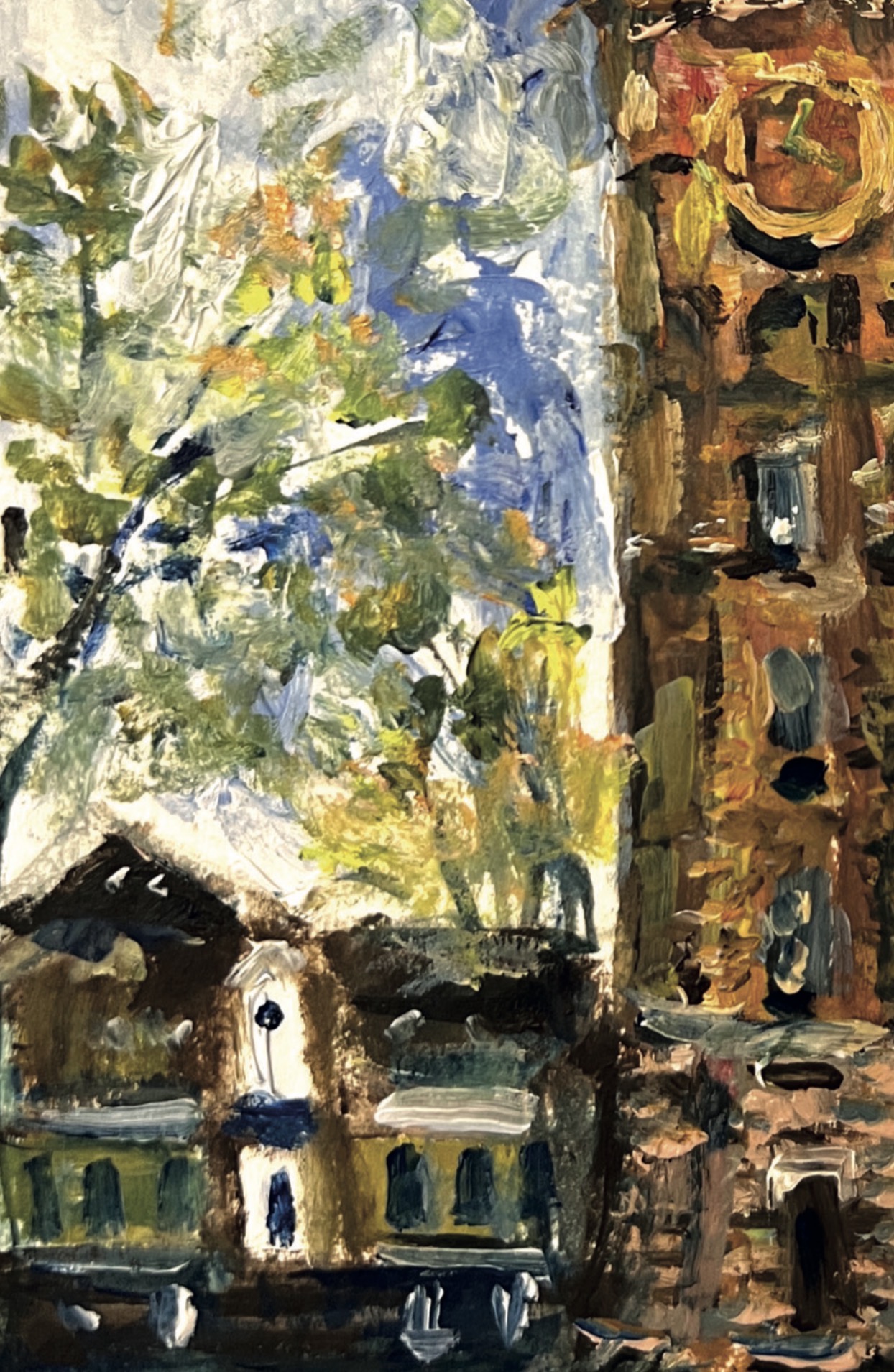 Detail of the painting Vinnytsia Tower showing expressive architectural brushwork